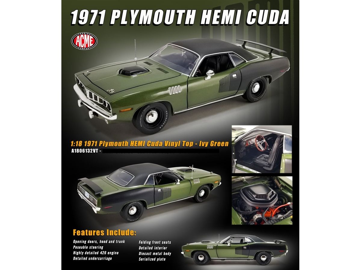 1/18 ACME 1971 Plymouth Hemi Cuda Vinyl Top - Ivy Green
