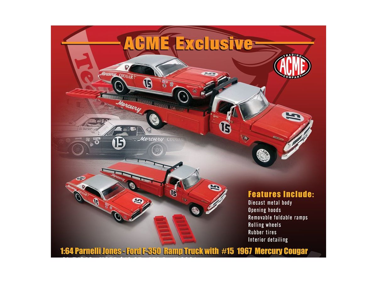 1/64 ACME Parnelli Jones - 1970 Ford F-350 Ramp Truck with #15 1967 Mercury Cougar