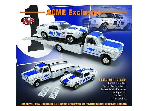 1/64 ACME Chaparral 1967 Chevrolet C-30 Ramp Truck + #1 1970 Chevrolet Trans Am Camaro