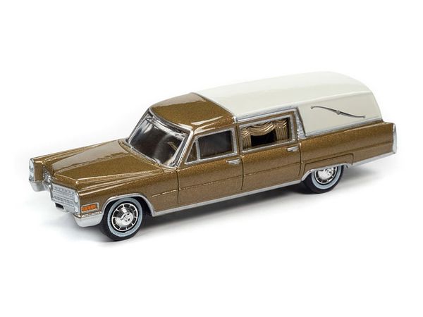 1/64 Johnny Lightning 1966 Cadillac Hearse in Gold and Ivory