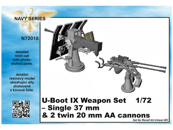 1/72 ドイツタイプIX U-ボート用対空砲37mm単装砲(1個)と20mm連装機関砲(2個) (レベル用)