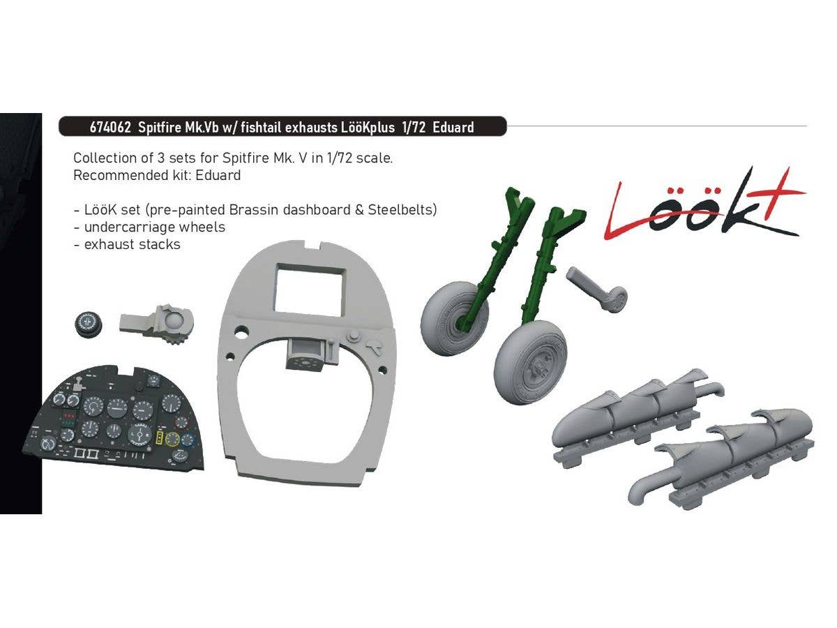 1/72 スピットファイア Mk.Vb w/フィッシュテール排気管ルックプラス 計器盤w/パーツセット (エデュアルド用)