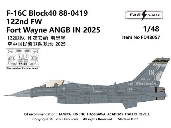 1/48 F-16C ブロック40 88-0419 第122戦闘航空団 インディアナ州空軍州兵フォートウェイン基地 2025年  (エッチングパーツ付)