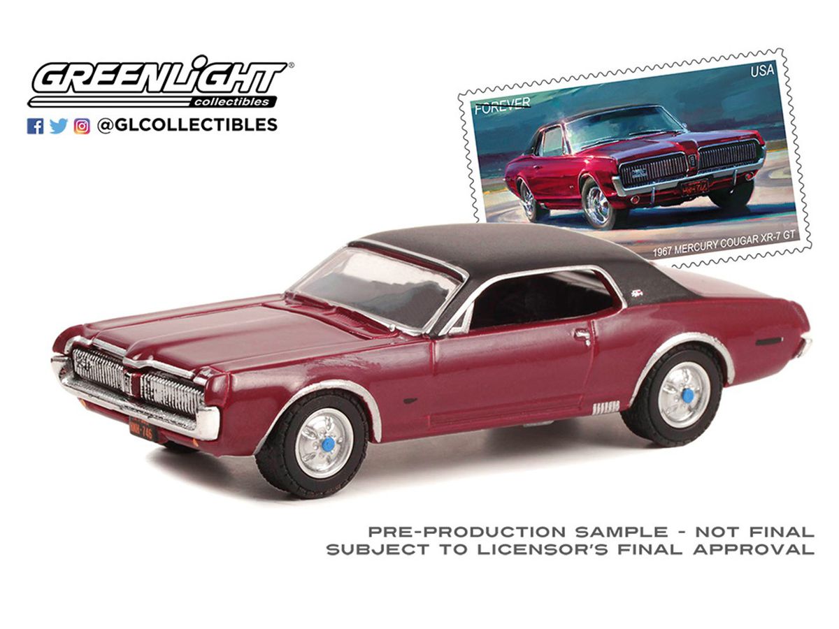 1/64 GreenLight 1967 Mercury Cougar XR-7 GT - United States Postal Service (USPS): 2022 Pony Car Stamp Collection by Artist Tom Fritz