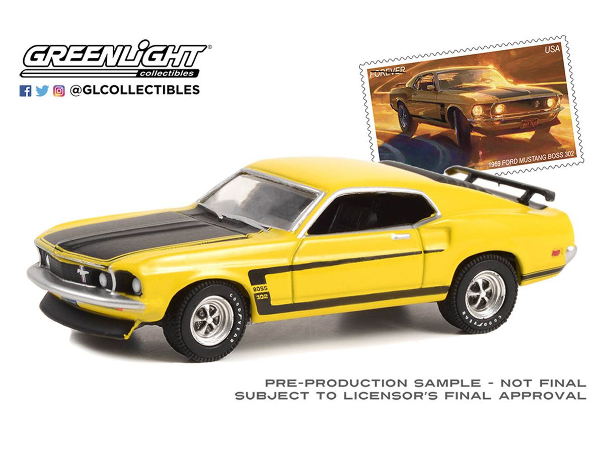 1/64 GreenLight 1969 Ford Mustang Boss 302 - United States Postal Service (USPS): 2022 Pony Car Stamp Collection by Artist Tom Fritz