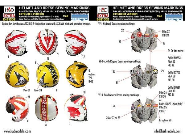 1/48 F-14 パイロットヘルメット & ワッペン デカール エクステンデッドバージョン