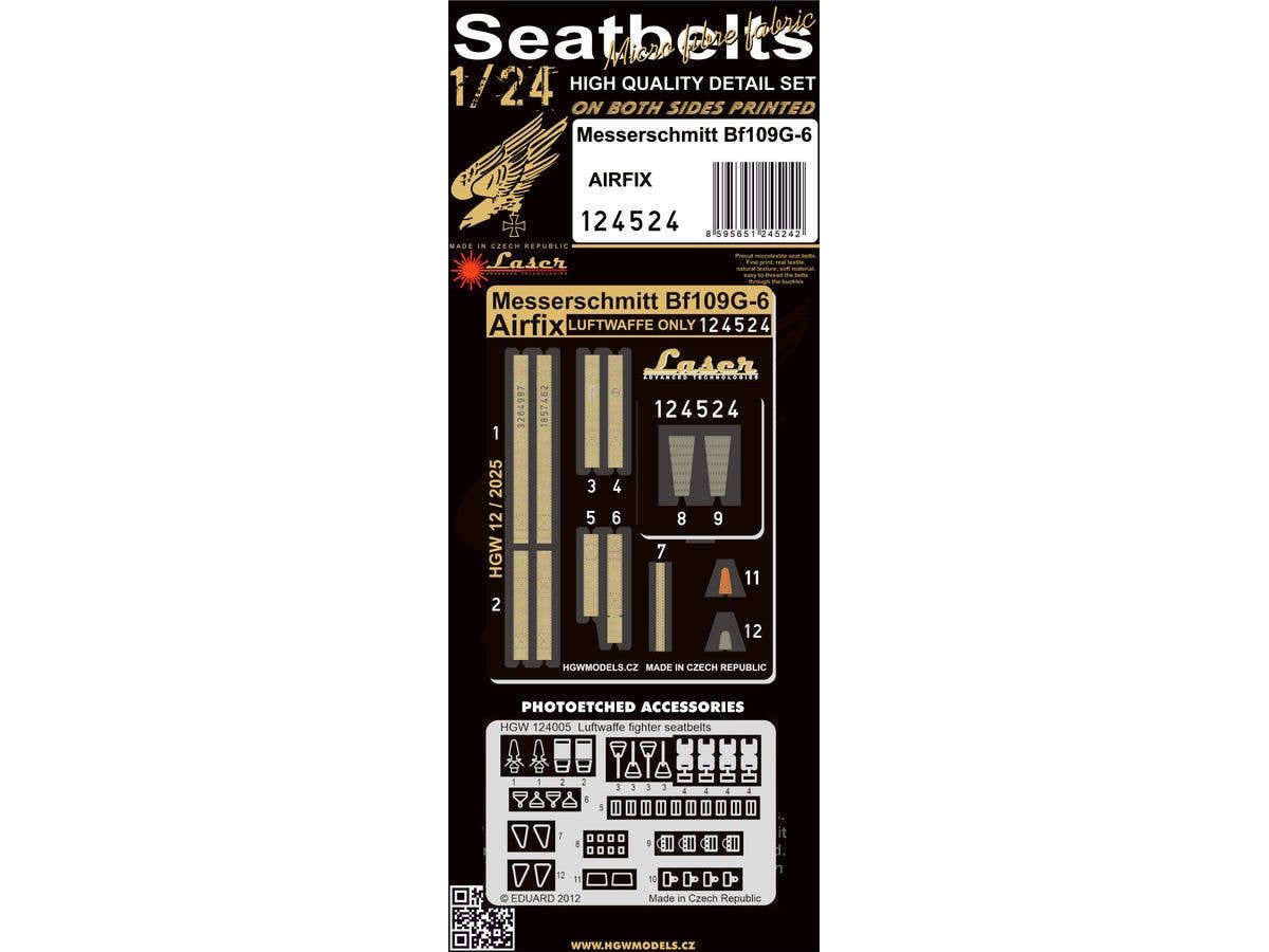1/24 メッサーシュミット Bf109G-6布製シートベルト (エアフィックス用)