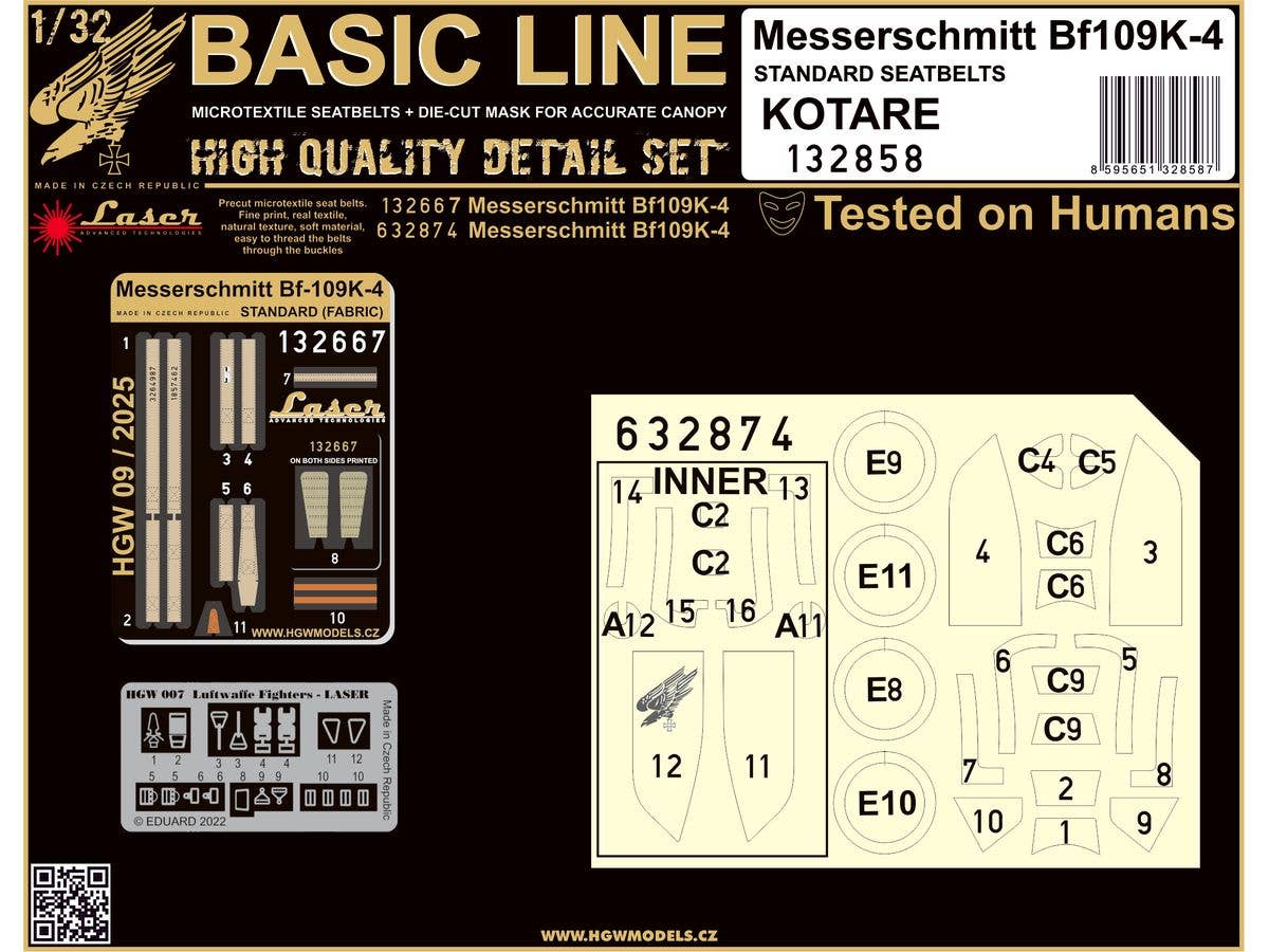 1/32 Bf109K-4 布製シートベルト (天然繊維タイプ)w/両面塗装マスクシール (コータリ用)