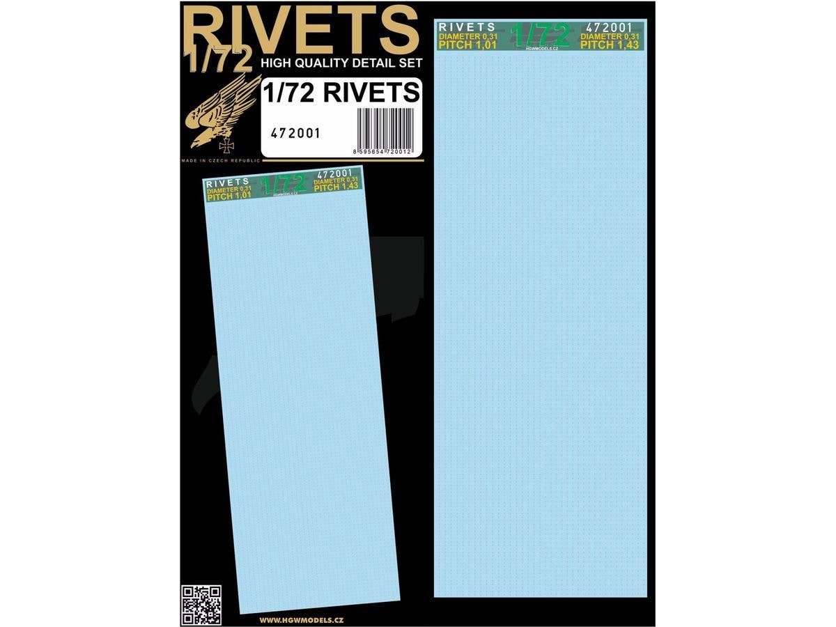 1/72 リベット3Dデカール (単列、直径 0.31mm、間隔1.01mm/1.43mm 2種)