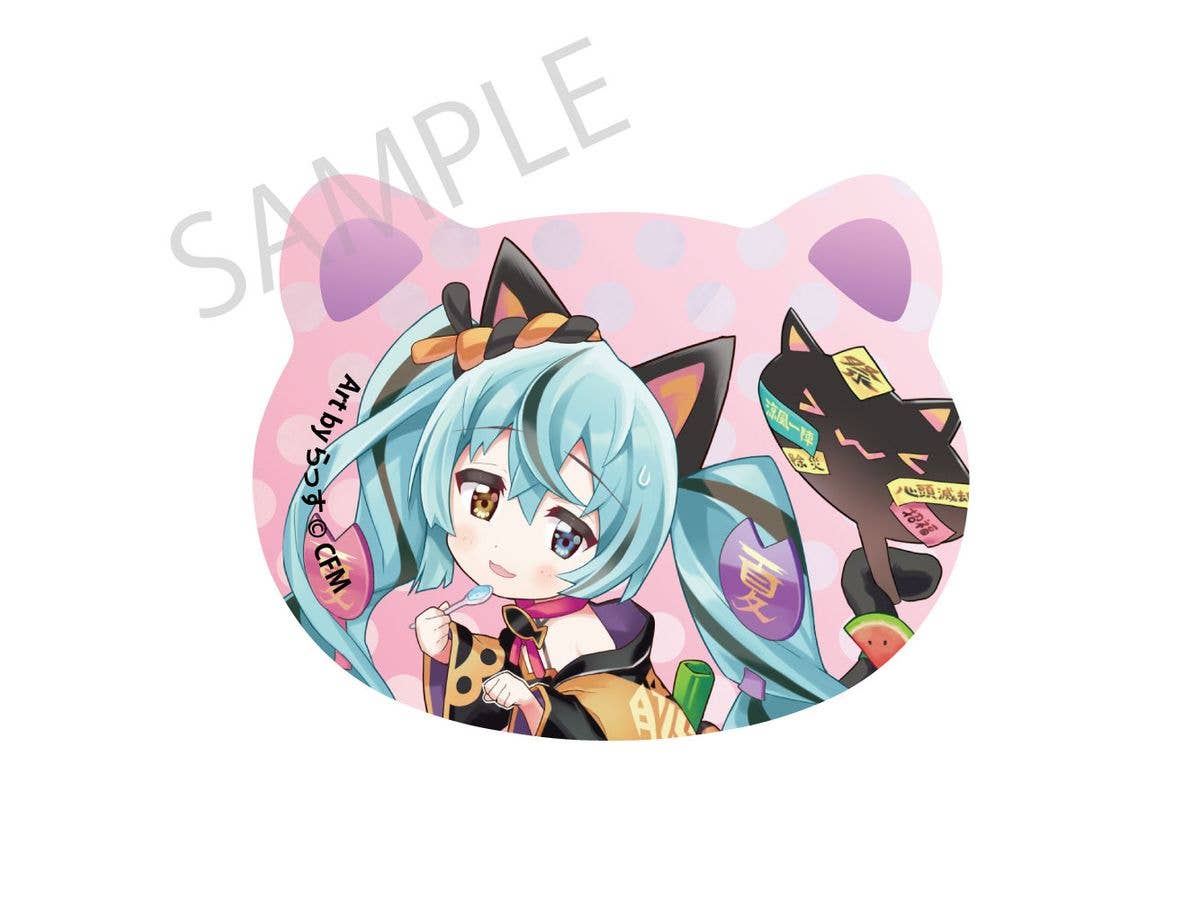 初音ミク x 招き猫 x 真夏の熊谷: 猫型缶バッジ 初音ミク 白猫2 Art by