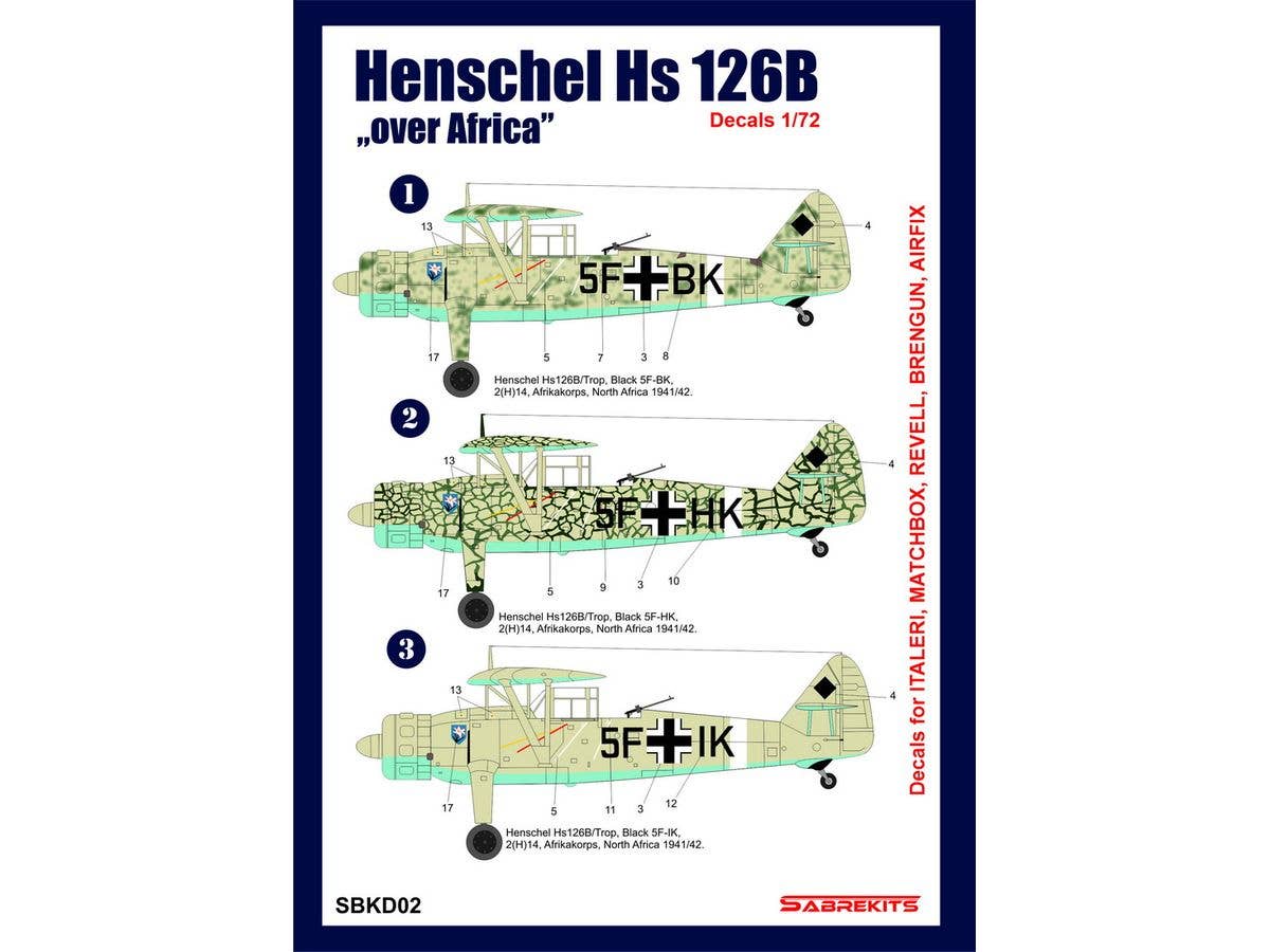 1/72 ヘンシェル Hs126B デカール アフリカ上空