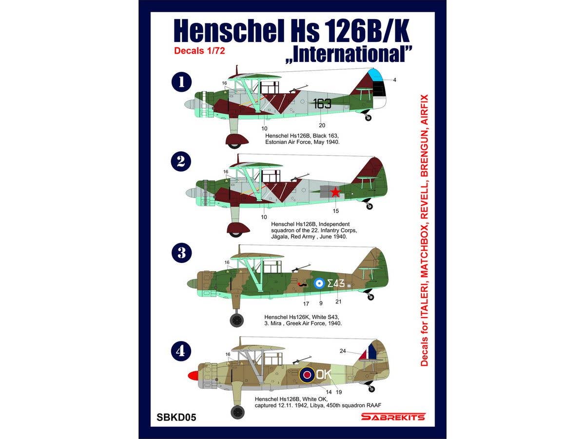 1/72 ヘンシェル Hs126B/K デカール 海外仕様