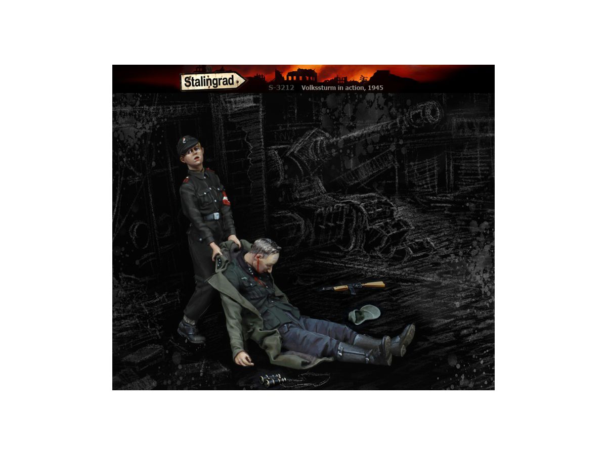 1/35 WWII 独 国民突撃隊の死闘 1945 動かない上官を引きずる少年兵 (2体セット)