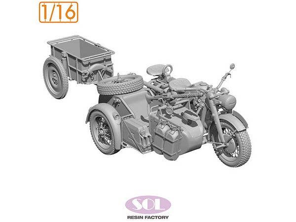 1/16 WWII ドイツ KS750軍用サイドカー トレーラー付