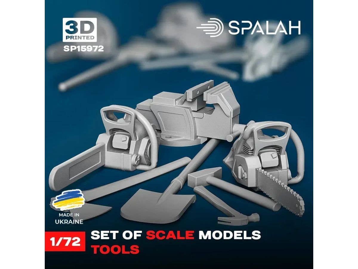 1/72 ツールセット:スコップ、バイス、金づち、スレッジハンマー、斧、チェーンソー (カバー付き/無)