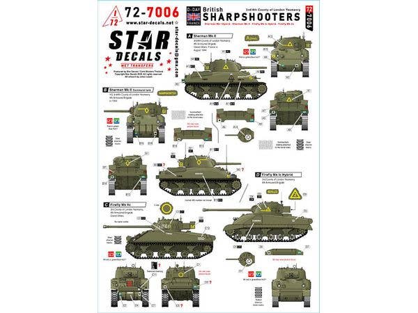 1/72 WWII イギリス シャープシューターズ 第3/4カウンティオブロンドン騎兵連隊のシャーマンMk.Iハイブリッド/Mk.II/ファイアフライMk.Icハイブリッド/ファイアフライMk.Vc
