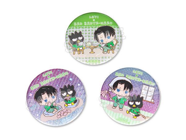 進撃の巨人 x サンリオキャラクターズ4: グリッター缶バッジセット リヴァイ × バッドばつ丸
